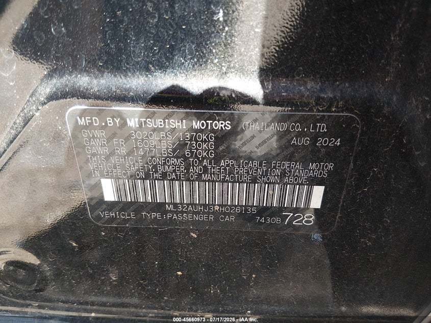 2024 Mitsubishi Mirage VIN ML32AUHJ3RH026135 IAAI salvage auction — FRONT END, Certificate Of Destruction (Florida), sold $350 on 2026-07-22 (photo 9)