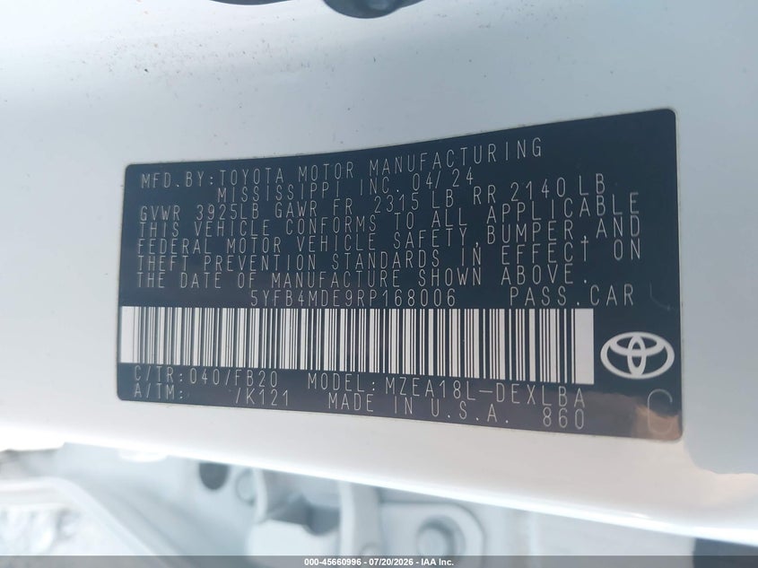 2024 Toyota Corolla VIN 5YFB4MDE9RP168006 IAAI salvage auction — FRONT END, Enterprise Vehicles Clear Only (Ohio), sold $10,575 on 2026-07-22 (photo 9)