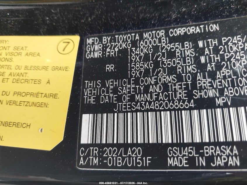 2008 Toyota Highlander VIN JTEES43A482068664 IAAI salvage auction — NORMAL WEAR, Original (Texas), sold $825 on 2026-07-27 (photo 9)