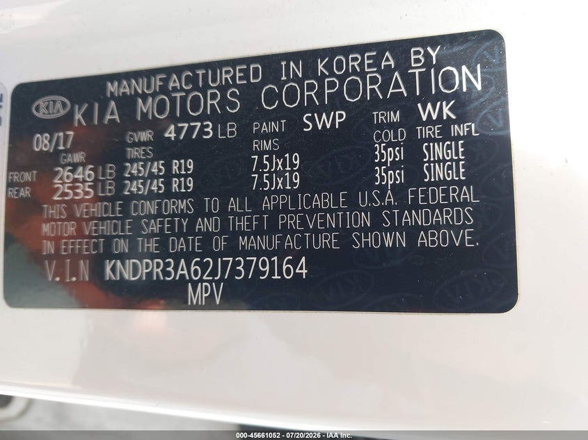 2018 Kia Sportage VIN KNDPR3A62J7379164 IAAI salvage auction — FRONT END, Salvage (California), sold $2,450 on 2026-08-01 (photo 9)