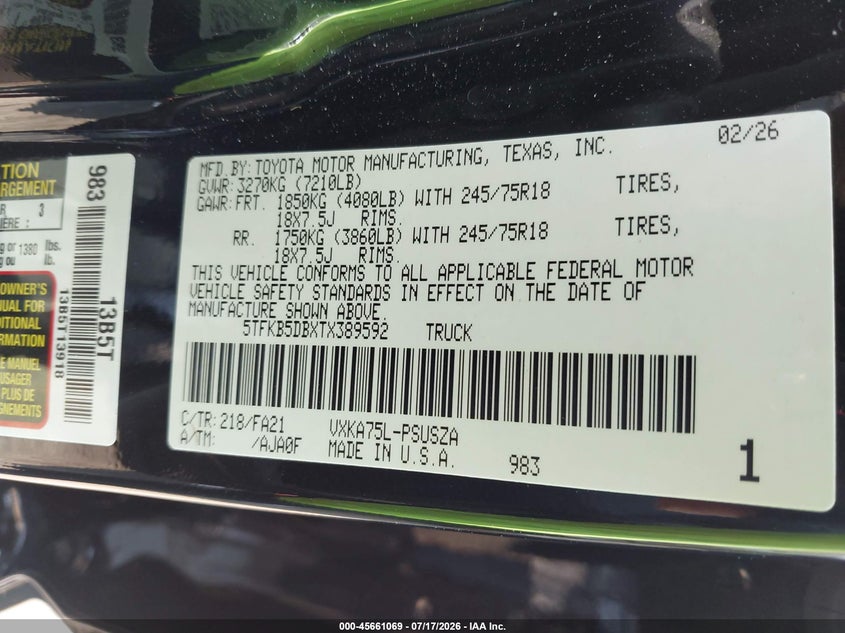 2026 Toyota Tundra VIN 5TFKB5DBXTX389592 IAAI salvage auction — FRONT END, Salvage Title, sold $20,800 on 2026-09-02 (photo 9)