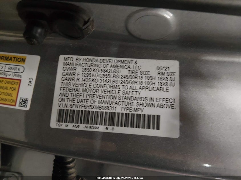 2021 Honda Pilot VIN 5FNYF6H5XMB088311 IAAI salvage auction — RIGHT REAR, Salvage (Minnesota), sold $9,900 on 2026-09-01 (photo 9)