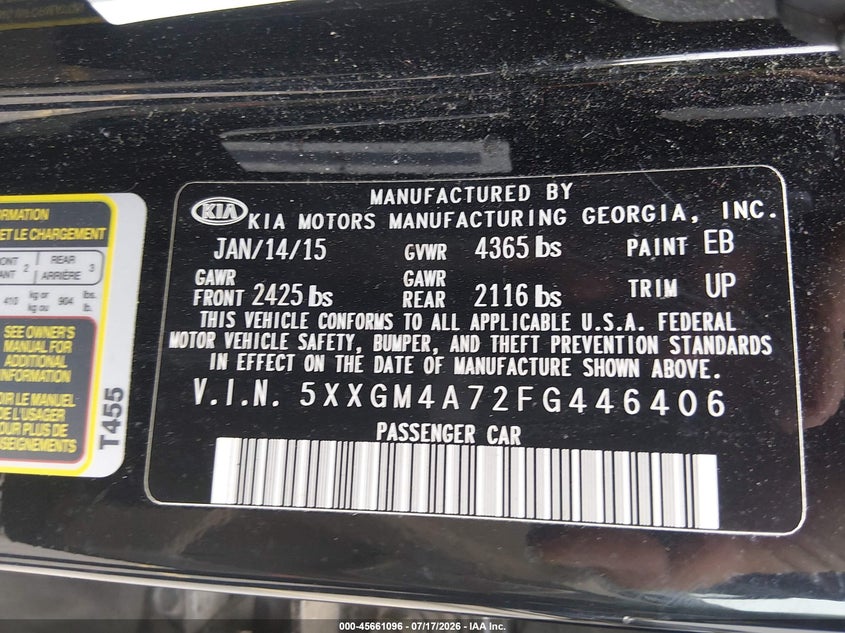 2015 Kia Optima VIN 5XXGM4A72FG446406 IAAI salvage auction — NORMAL WEAR, Clear (South Carolina), sold $25 on 2026-07-29 (photo 9)