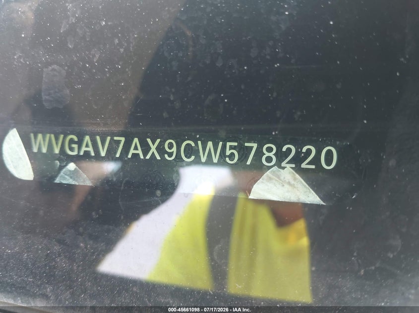 2012 Volkswagen Tiguan VIN WVGAV7AX9CW578220 IAAI salvage auction — NORMAL WEAR, Clear (Connecticut), sold $850 on 2026-08-04 (photo 9)