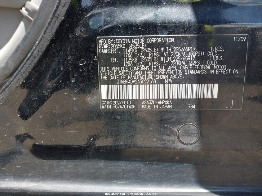 2010 Toyota Rav4 VIN JTMBF4DV2A5022168 IAAI salvage auction — NORMAL WEAR, Clear (New Mexico), sold $1,450 on 2026-07-29 (photo 9)