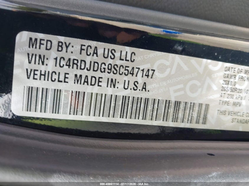 2025 Dodge Durango VIN 1C4RDJDG9SC547147 IAAI salvage auction — FRONT END, Salvage Title, sold $16,000 on 2026-07-22 (photo 9)