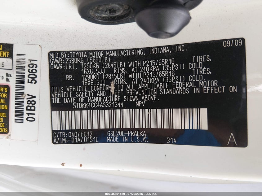 2010 Toyota Sienna VIN 5TDKK4CC4AS321344 IAAI salvage auction — NORMAL WEAR, Clear (Illinois), sold $25 on 2026-07-28 (photo 9)