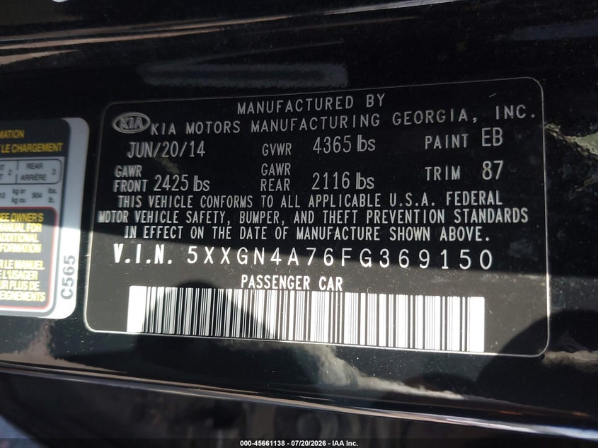 2015 Kia Optima VIN 5XXGN4A76FG369150 IAAI salvage auction — NORMAL WEAR, Clear (Tennessee), sold $25 on 2026-07-28 (photo 9)