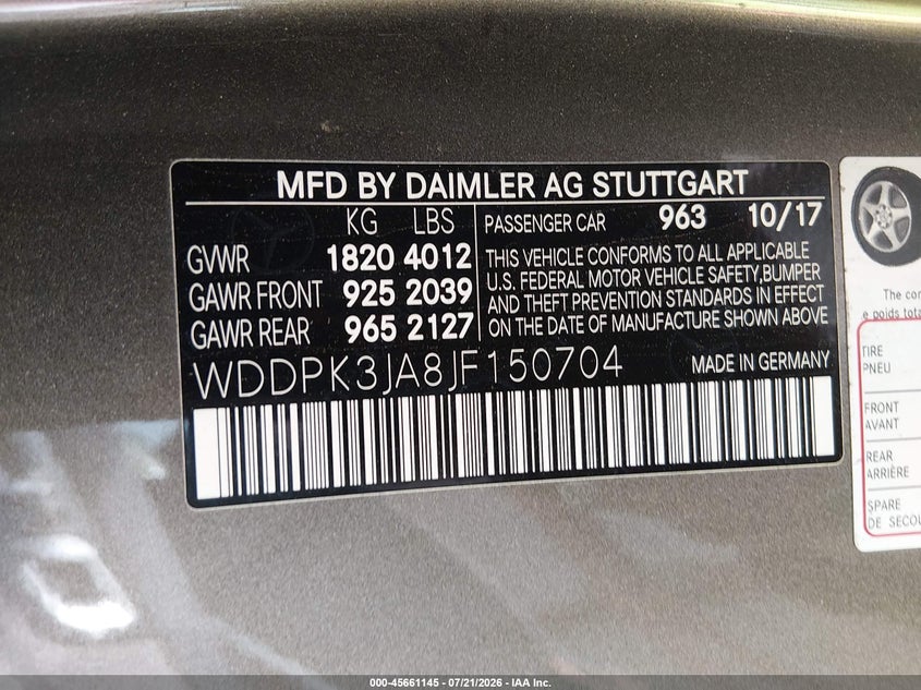 2018 Mercedes-benz Slc-klasse VIN WDDPK3JA8JF150704 IAAI salvage auction — LEFT FRONT, Wait Title, sold $6,700 on 2026-08-16 (photo 9)