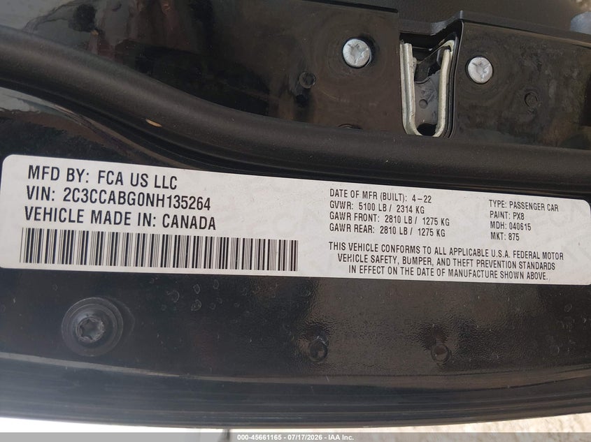 2022 Chrysler 300 VIN 2C3CCABG0NH135264 IAAI salvage auction — SIDE, Salvage Title, sold $7,200 on 2026-08-15 (photo 9)