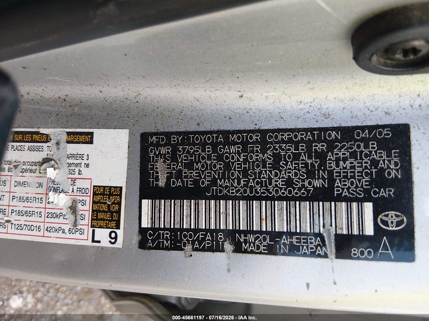 2005 Toyota Prius VIN JTDKB20U353060667 IAAI salvage auction — NORMAL WEAR, Clear (Washington), sold $275 on 2026-07-29 (photo 9)