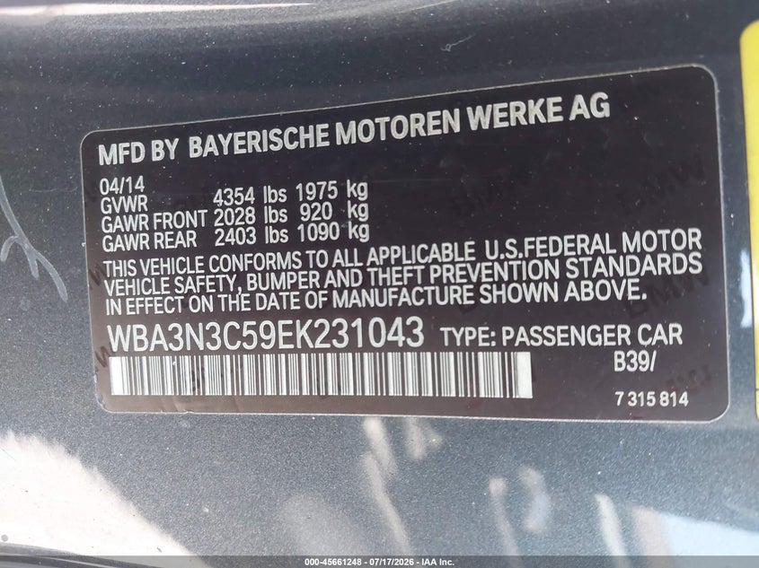 2014 BMW 4 series VIN WBA3N3C59EK231043 IAAI salvage auction — NORMAL WEAR, Repossession Paperwork (Georgia), sold $675 on 2026-08-12 (photo 9)