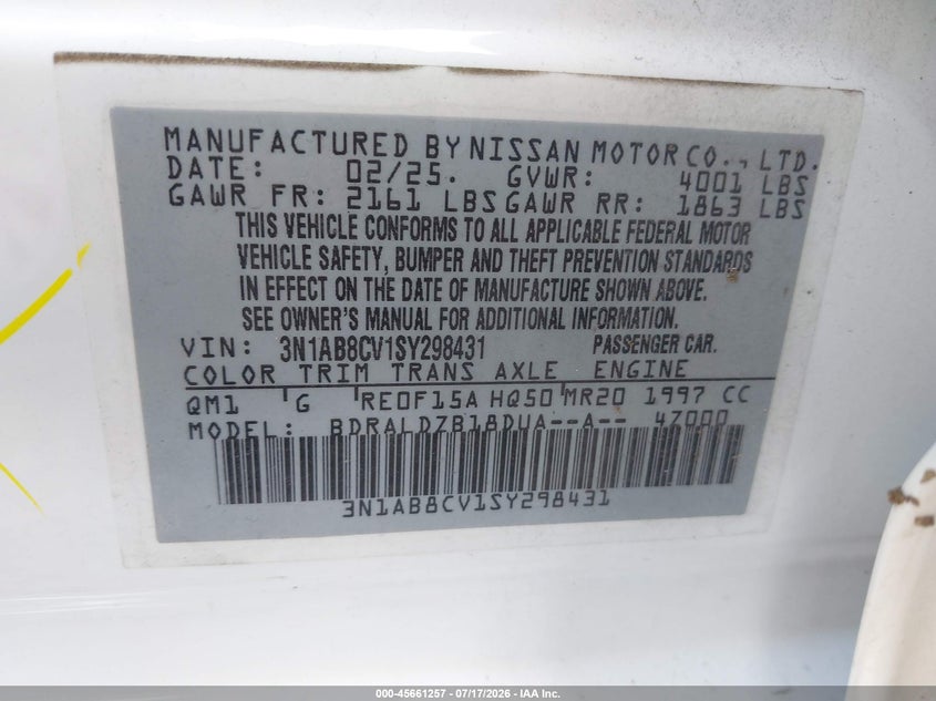 2025 Nissan Sentra VIN 3N1AB8CV1SY298431 IAAI salvage auction — FRONT END, Enterprise Vehicles Clear Only (Texas), sold $11,600 on 2026-07-23 (photo 9)
