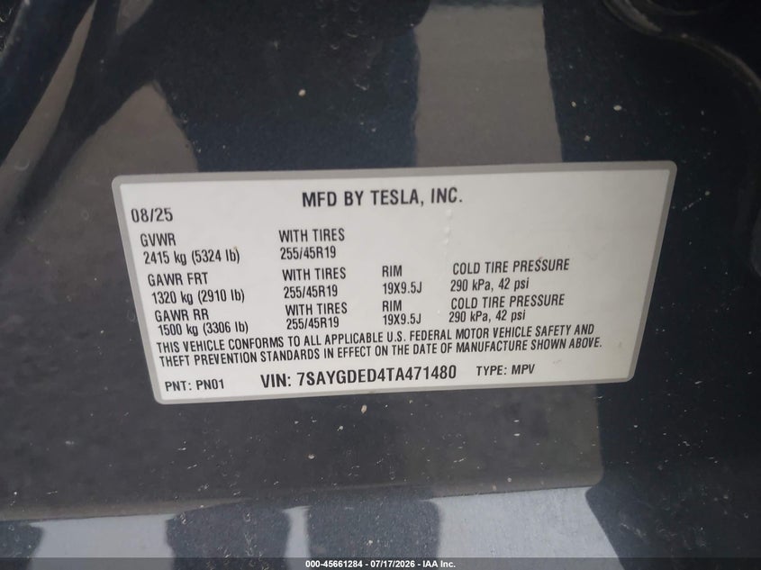 2026 Tesla Model y VIN 7SAYGDED4TA471480 IAAI salvage auction — FRONT END, Salvage Title, sold $11,600 on 2026-08-27 (photo 9)