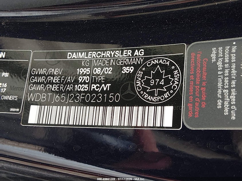 2003 Mercedes-benz Clk-class VIN WDBTJ65J23F023150 IAAI salvage auction — RIGHT SIDE, Salvage (Texas), sold $925 on 2026-08-18 (photo 9)