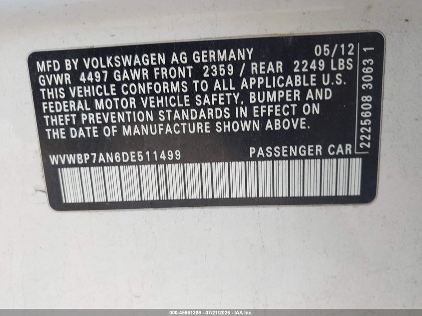 2013 Volkswagen Cc VIN WVWBP7AN6DE511499 IAAI salvage auction — NORMAL WEAR, Clear (Pennsylvania), sold $225 on 2026-08-17 (photo 9)