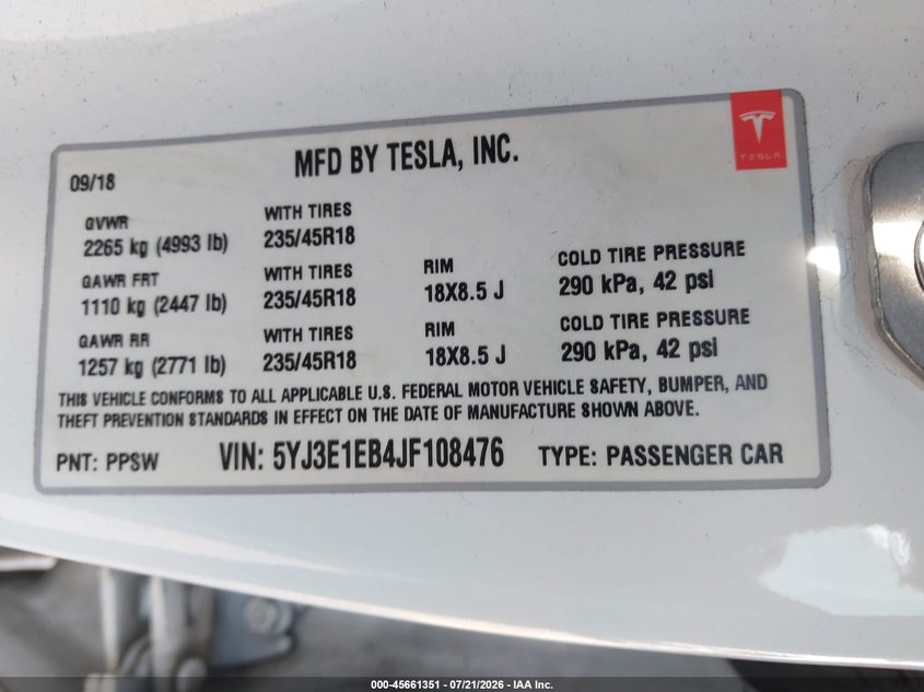 2018 Tesla Model 3 VIN 5YJ3E1EB4JF108476 IAAI salvage auction — REAR END, Bill Of Sale (Washington), sold $6,975 on 2026-08-01 (photo 9)