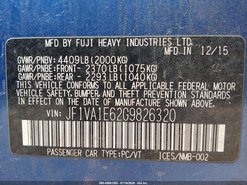 2016 Subaru Wrx VIN JF1VA1E62G9826320 IAAI salvage auction — RIGHT SIDE, Clear (California), sold $1,350 on 2026-07-28 (photo 9)