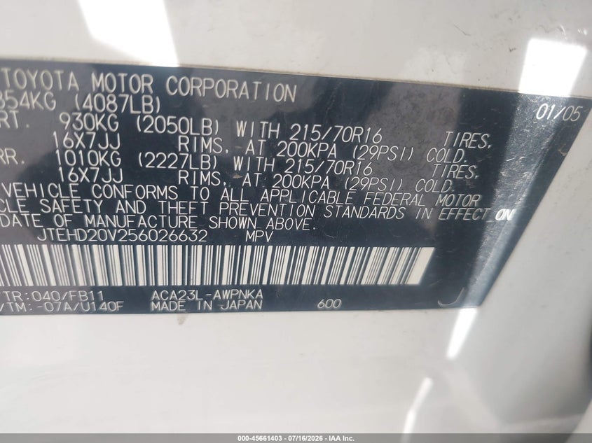 2005 Toyota Rav4 VIN JTEHD20V256026632 IAAI salvage auction — NORMAL WEAR, Clear (Utah), sold $425 on 2026-07-23 (photo 9)