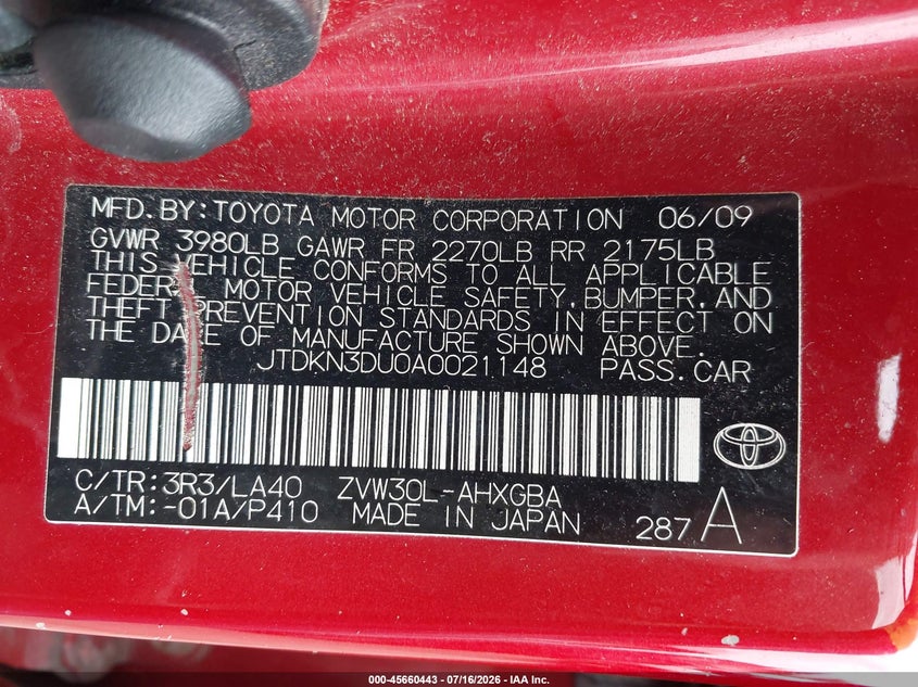 2010 Toyota Prius VIN JTDKN3DU0A0021148 IAAI salvage auction — NORMAL WEAR, Original (Maine), sold $550 on 2026-07-27 (photo 9)