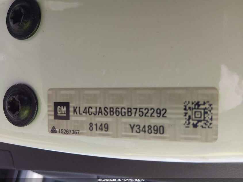 2016 Buick Encore VIN KL4CJASB6GB752292 IAAI salvage auction — NORMAL WEAR, Clear (Virginia), sold $275 on 2026-07-28 (photo 9)
