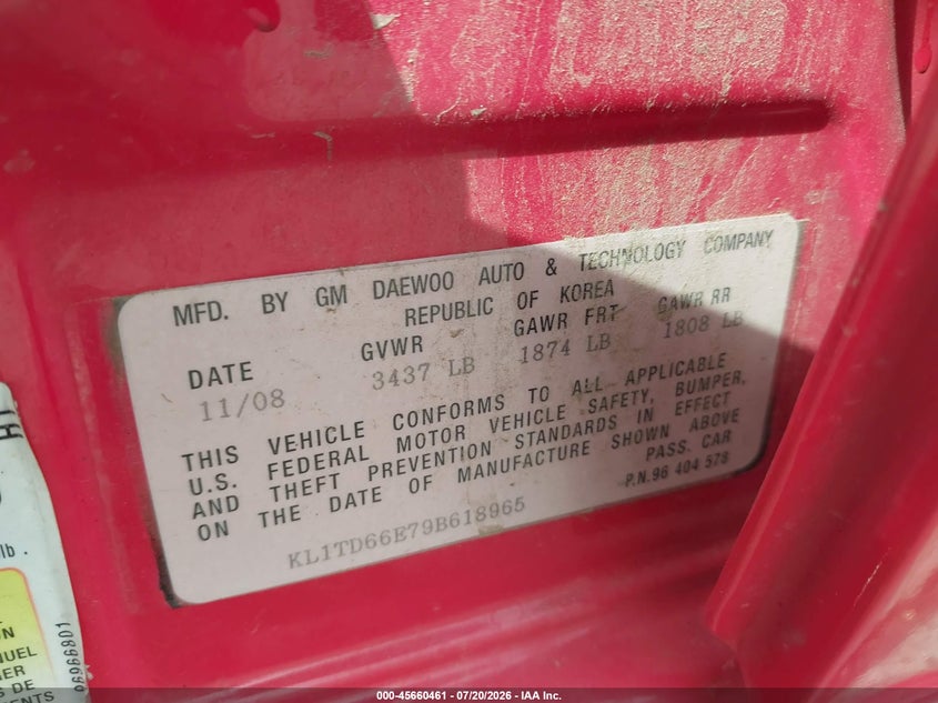 2009 Chevrolet Aveo VIN KL1TD66E79B618965 IAAI salvage auction — NORMAL WEAR, Clear - Dealer Only (California), sold $150 on 2026-07-28 (photo 9)