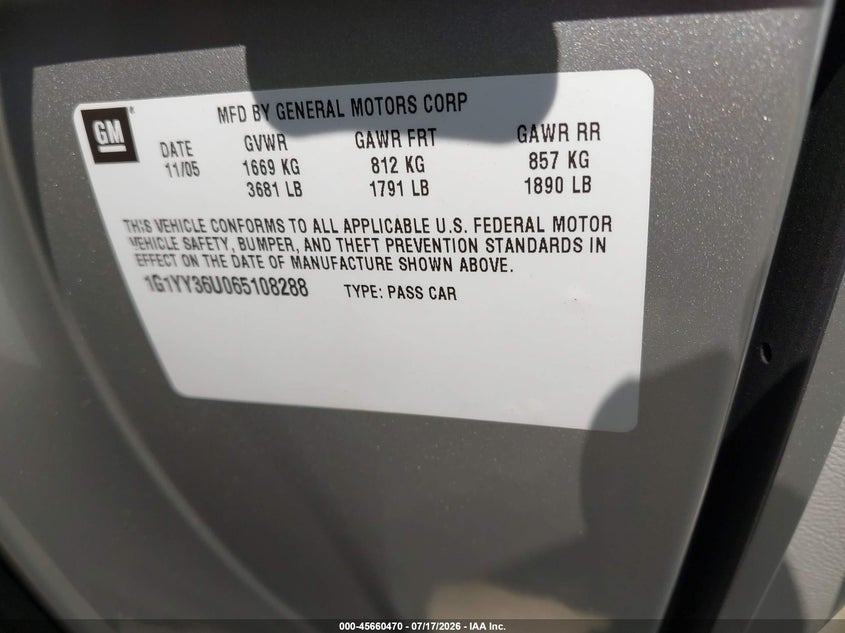 2006 Chevrolet Corvette VIN 1G1YY36U065108288 IAAI salvage auction — NORMAL WEAR, Clear (South Carolina), sold $34,000 on 2026-08-19 (photo 9)