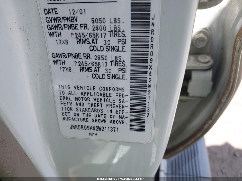 2002 Infiniti Qx4 VIN JNRDR09X42W211371 IAAI salvage auction — NORMAL WEAR, Clear (Florida), sold $25 on 2026-07-29 (photo 9)