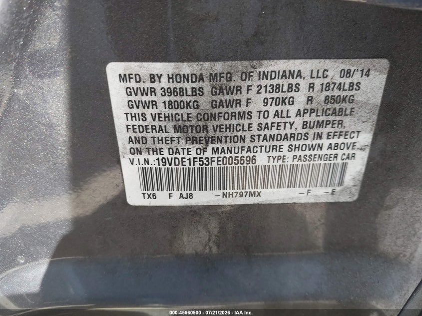 2015 Acura Ilx VIN 19VDE1F53FE005696 IAAI salvage auction — REAR END, Wait Title, sold $3,150 on 2026-07-31 (photo 9)