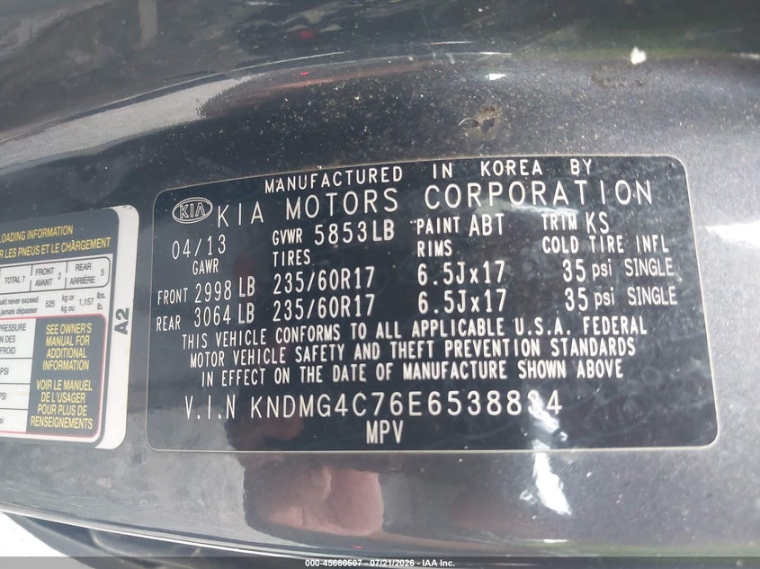 2014 Kia SEDONA VIN KNDMG4C76E6538834 IAAI salvage auction — NORMAL WEAR, Clear (Delaware), sold $225 on 2026-07-30 (photo 9)
