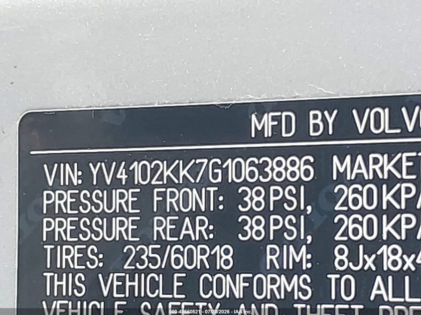 2016 Volvo Xc90 VIN YV4102KK7G1063886 IAAI salvage auction — NORMAL WEAR, Original (Texas), sold $575 on 2026-07-28 (photo 9)