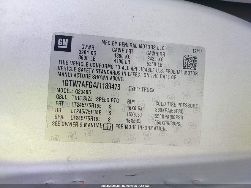 2018 Gmc Savana VIN 1GTW7AFG4J1189473 IAAI salvage auction — REAR END, Rebuildable (Florida), sold $25 on 2026-08-01 (photo 9)