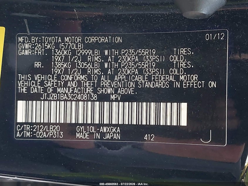 2012 Lexus Rx VIN JTJZB1BA3C2408138 IAAI salvage auction — FRONT END, Salvage Title, sold $2,200 on 2026-08-02 (photo 9)