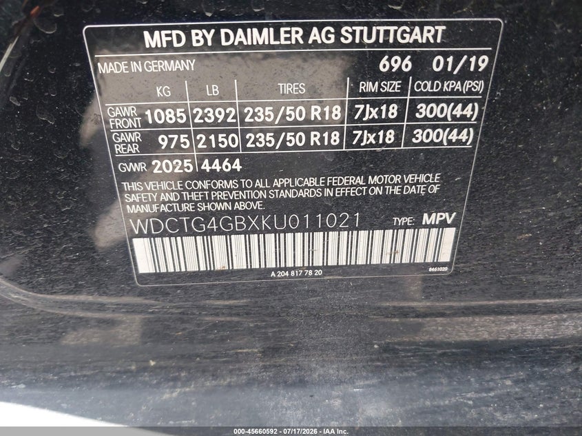 2019 Mercedes-benz Gla-klasse VIN WDCTG4GBXKU011021 IAAI salvage auction — NORMAL WEAR, Original (Texas), sold $2,600 on 2026-07-29 (photo 9)