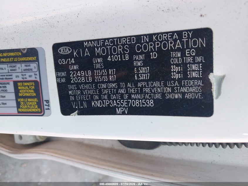 2014 Kia Soul VIN KNDJP3A55E7081538 IAAI salvage auction — NORMAL WEAR, Clear (North Carolina), sold $400 on 2026-07-30 (photo 9)