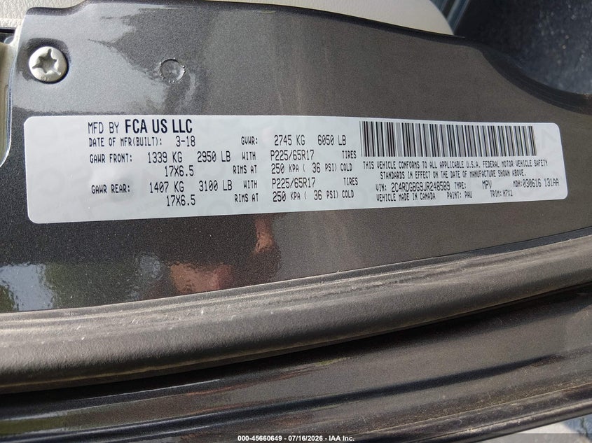 2018 Dodge Grand caravan VIN 2C4RDGBG9JR248589 IAAI salvage auction — NORMAL WEAR, SF97 (Virginia), sold $11,625 on 2026-08-19 (photo 9)