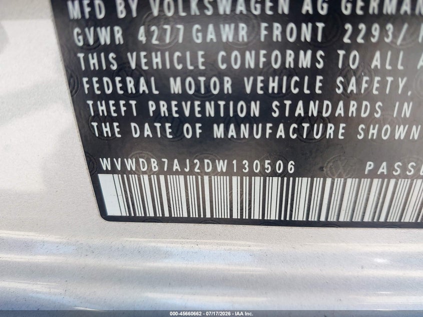 2013 Volkswagen Golf VIN WVWDB7AJ2DW130506 IAAI salvage auction — RIGHT SIDE, Salvage (California), sold $750 on 2026-08-03 (photo 9)