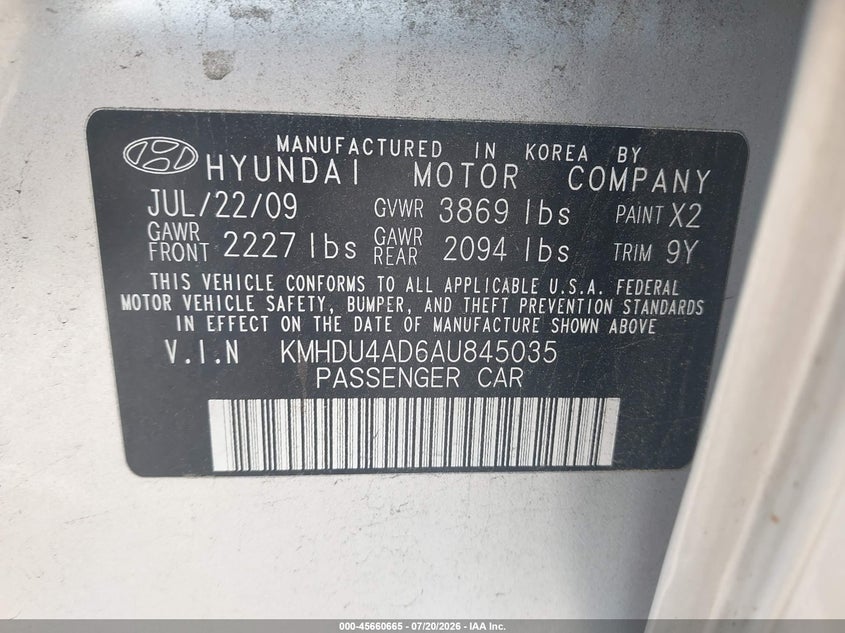 2010 Hyundai Elantra VIN KMHDU4AD6AU845035 IAAI salvage auction — NORMAL WEAR, Reconstructed (Massachusetts), sold $25 on 2026-07-31 (photo 9)