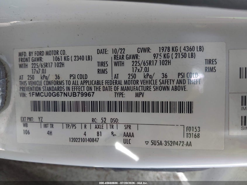 2022 Ford Escape VIN 1FMCU0G67NUB79967 IAAI salvage auction — MECHANICAL, Enterprise Vehicles Clear Only (Texas), sold $8,100 on 2026-07-29 (photo 9)