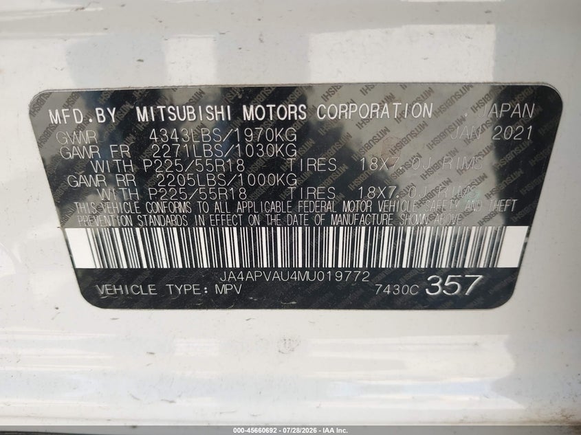 2021 Mitsubishi Outlander VIN JA4APVAU4MU019772 IAAI salvage auction — FRONT END, Original (Texas), sold $3,200 on 2026-09-22 (photo 9)