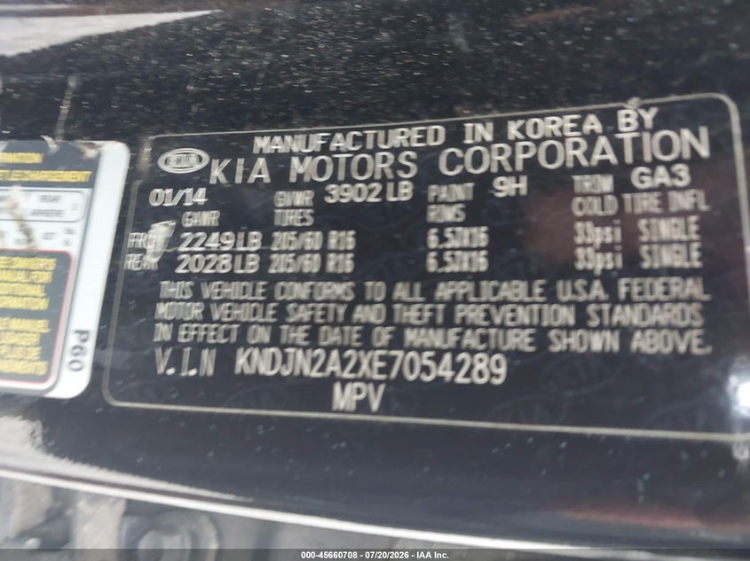 2014 Kia Soul VIN KNDJN2A2XE7054289 IAAI salvage auction — NORMAL WEAR, Salvage (Indiana), sold $325 on 2026-07-28 (photo 9)
