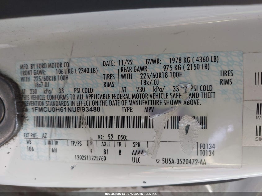 2022 Ford Escape VIN 1FMCU0H61NUB93488 IAAI salvage auction — REAR END, Enterprise Vehicles Clear Only (Texas), sold $10,000 on 2026-07-29 (photo 9)