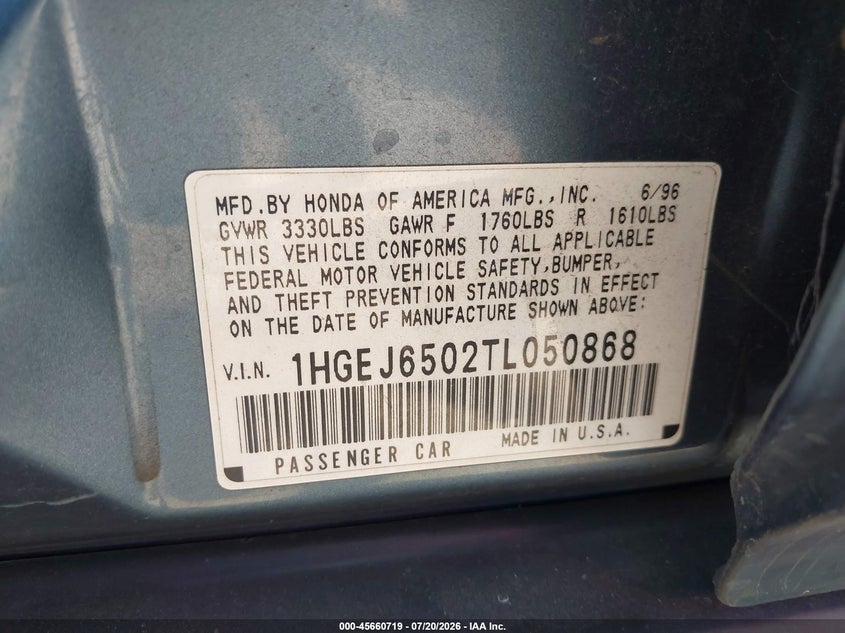 1996 Honda Civic VIN 1HGEJ6502TL050868 IAAI salvage auction — FRONT END, Salvage (California), sold $400 on 2026-07-31 (photo 9)