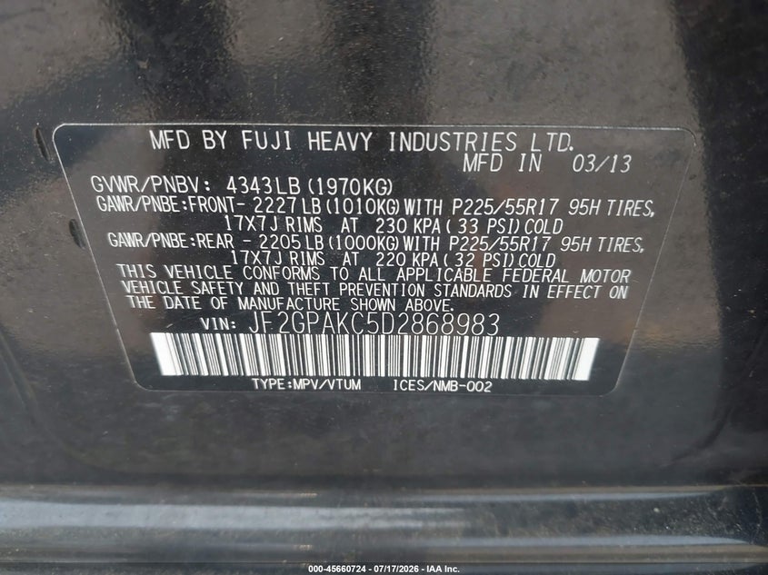 2013 Subaru Xv VIN JF2GPAKC5D2868983 IAAI salvage auction — NORMAL WEAR, Salvage Title, sold $25 on 2026-07-27 (photo 9)
