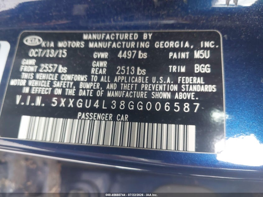 2016 Kia Optima VIN 5XXGU4L38GG006587 IAAI salvage auction — NORMAL WEAR, Clear-Dealer Only (North Carolina), sold $350 on 2026-07-29 (photo 9)