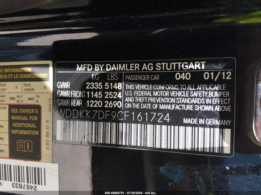 2012 Mercedes-benz E-class VIN WDDKK7DF9CF161724 IAAI salvage auction — NORMAL WEAR, Original (Texas), sold $1,550 on 2026-08-10 (photo 9)