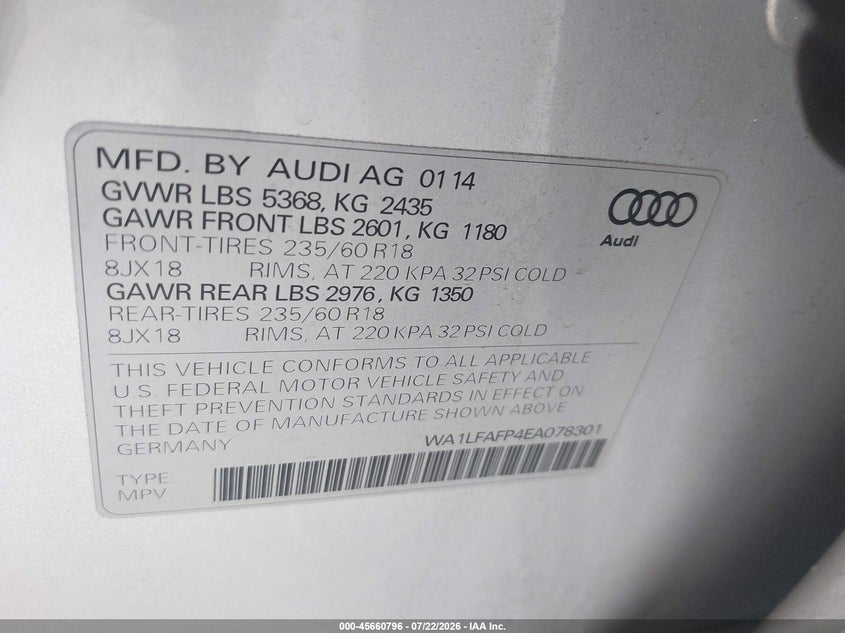2014 Audi VIN WA1LFAFP4EA078301 IAAI salvage auction — FRONT END, Salvage Title, sold $2,050 on 2026-07-29 (photo 9)