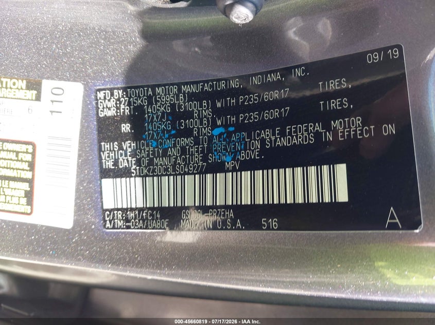 2020 Toyota Sienna VIN 5TDKZ3DC3LS049277 IAAI salvage auction — RIGHT SIDE, Salvage Title, sold $5,100 on 2026-07-30 (photo 9)