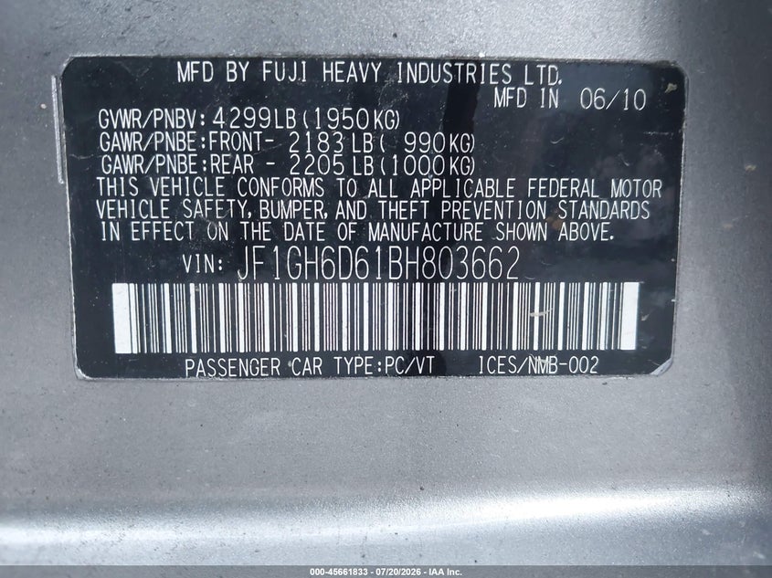 2011 Subaru Impreza VIN JF1GH6D61BH803662 IAAI salvage auction — NORMAL WEAR, Clear (Pennsylvania), sold $350 on 2026-07-28 (photo 9)