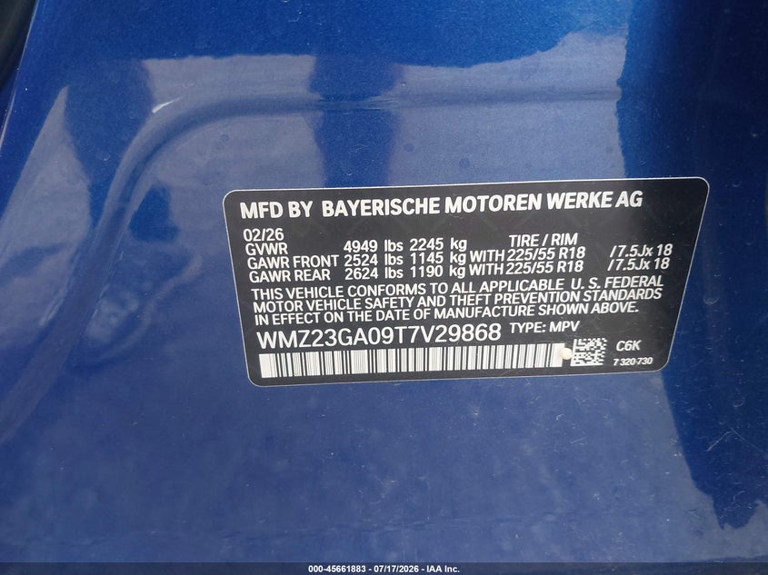 2026 Mini Countryman VIN WMZ23GA09T7V29868 IAAI salvage auction — FRONT END, Rebuildable (Florida), sold $25 on 2026-07-29 (photo 9)